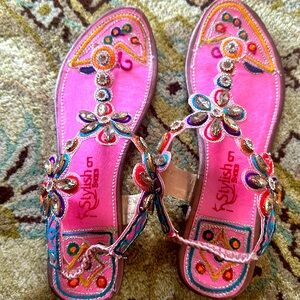 Pink fully Embroidered leather Sandals with rhinestones /crystals
